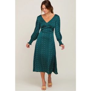 PinkBlush Forest Green Polka Dot V-Neck Satin Midi Dress Size M